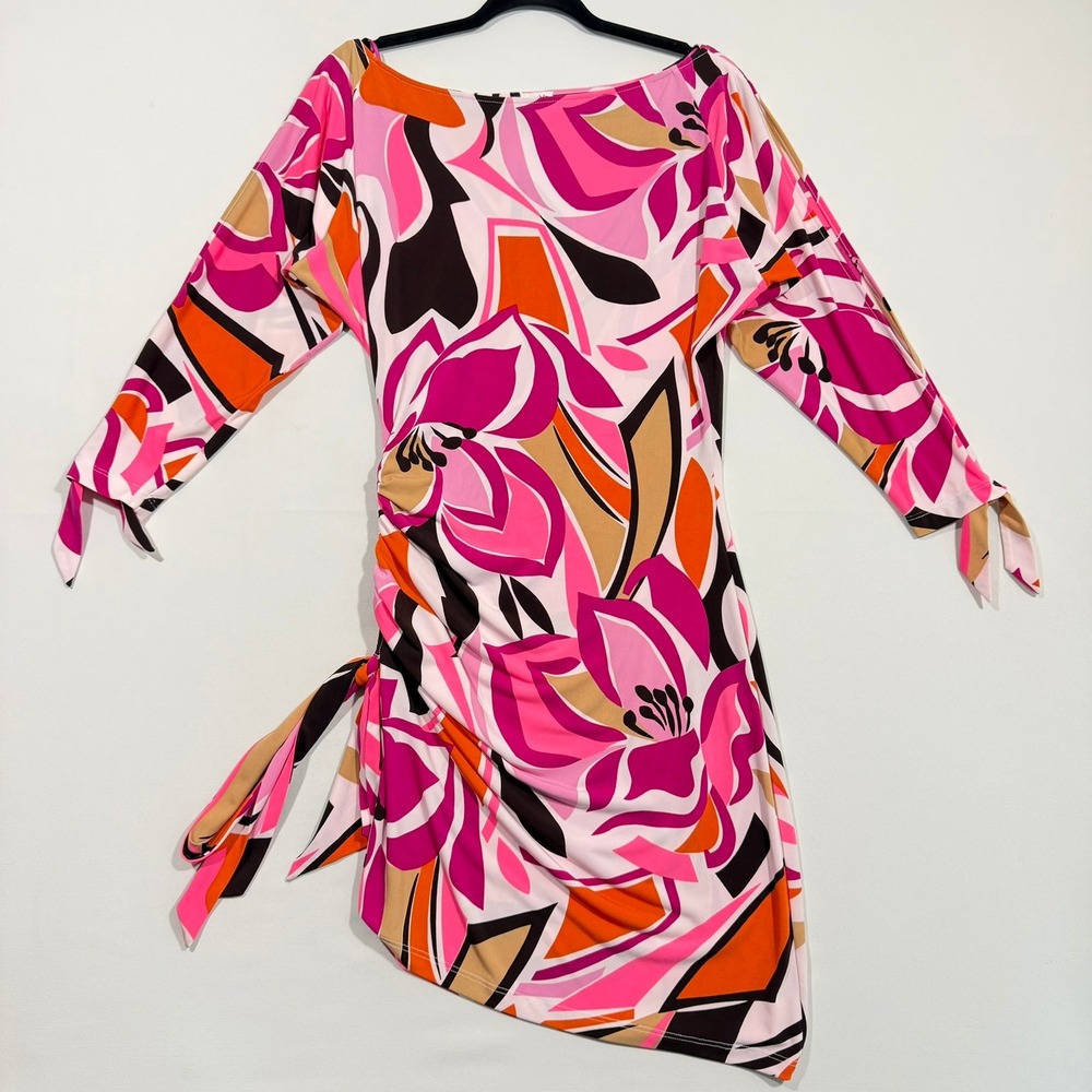 Cache Dress Womens M Pink Abstract Floral Ruched Asymmetric Cold Shoulder Y2K